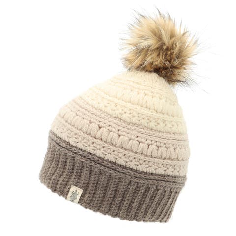 Hand Knit Stripe Flower Fur Pom Pom