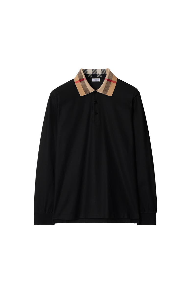 Burberry Long-sleeve Check Collar Cotton Polo Shirt, Alternate, color, Black