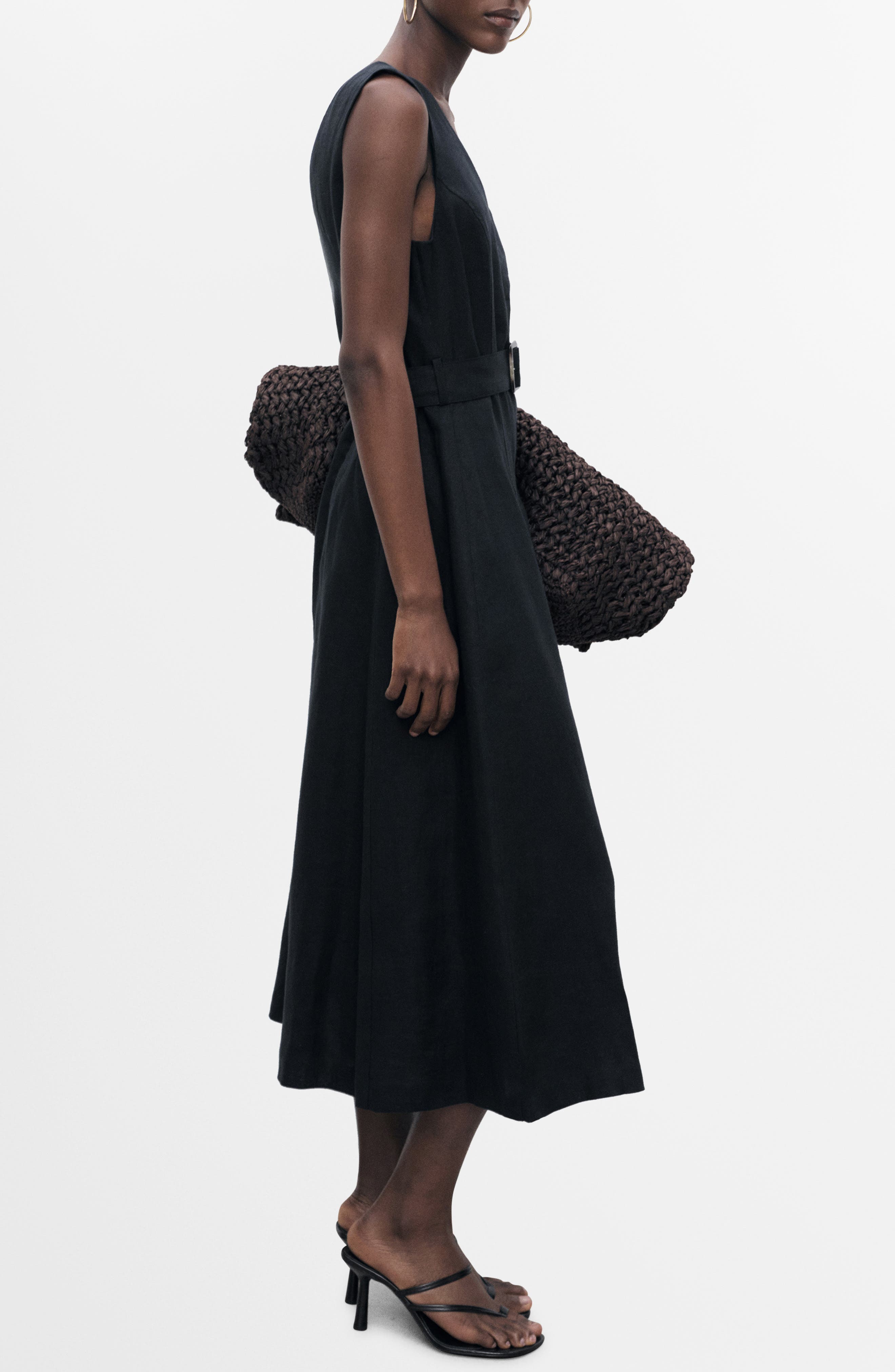 MANGO Belted Linen Dress