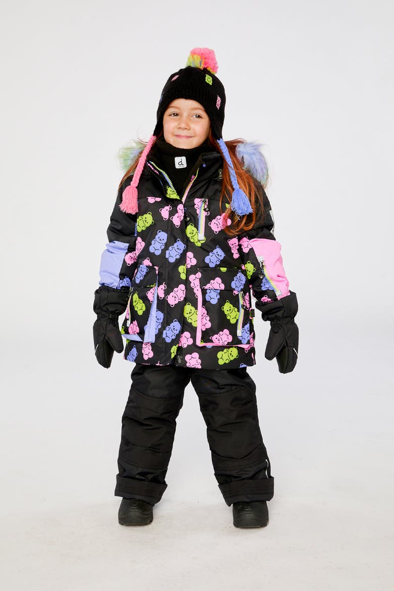 Play Gummy Bear Jacket & Reinforced Pants Two Piece Snowsuit, Alternate, color, Black Printed Gummy Bears