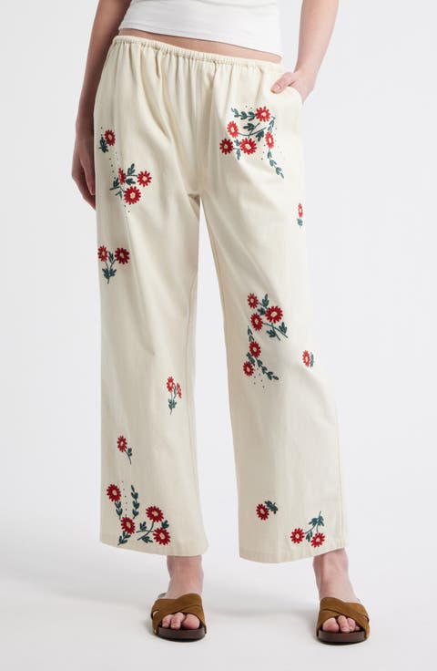The Easy Pant Embroidered Floral Cotton Crop Pants