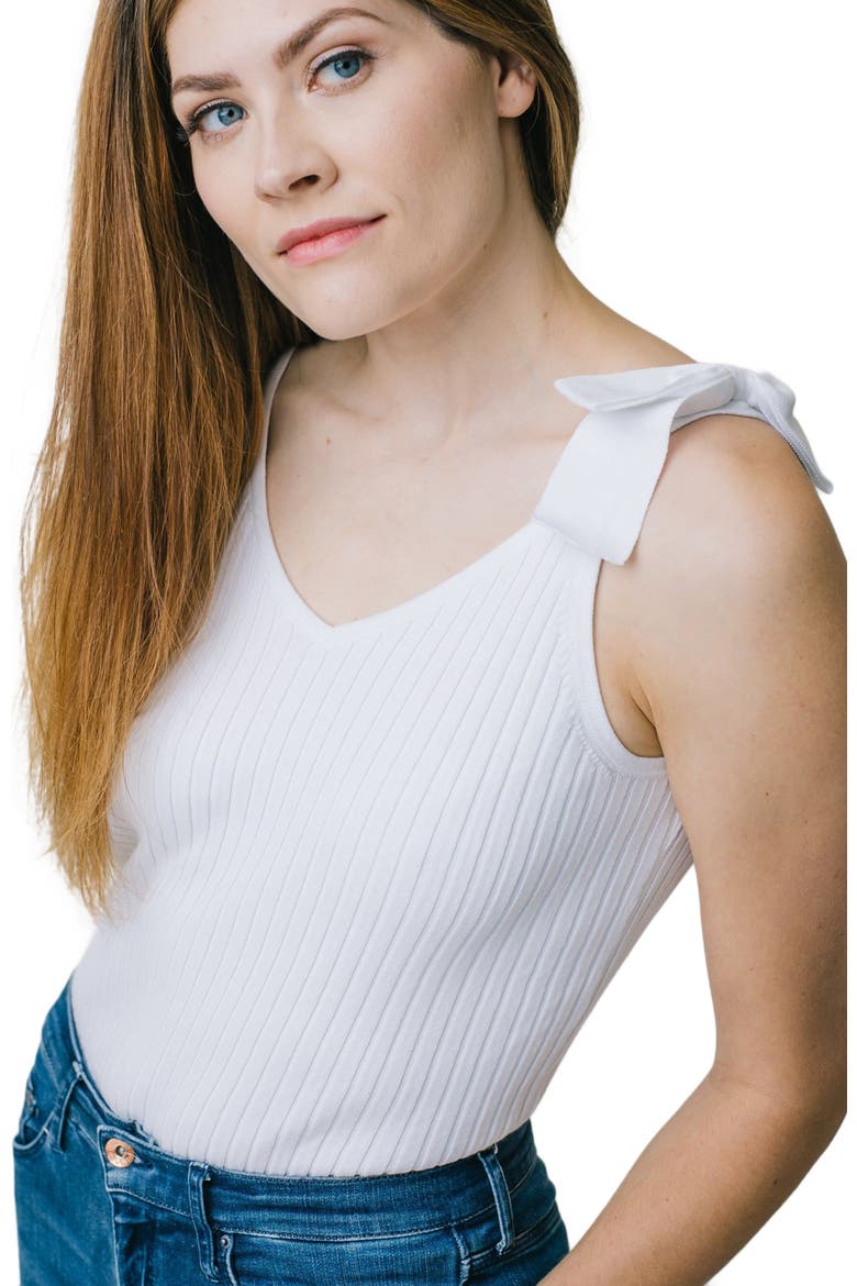 Women's V-Neck Rib Knit Tank with Bow, Alternate, color, White Rib