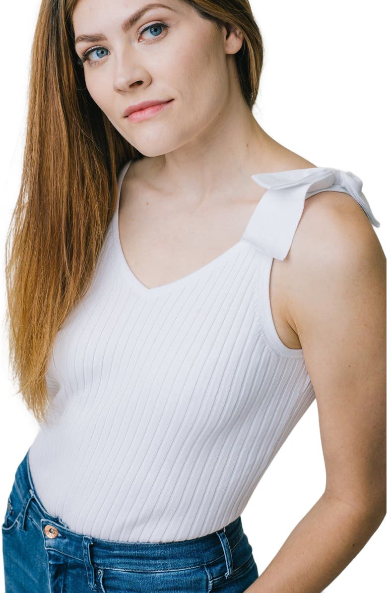 Hope & Henry Women's V-Neck Rib Knit Tank with Bow, Alternate, color, White Rib