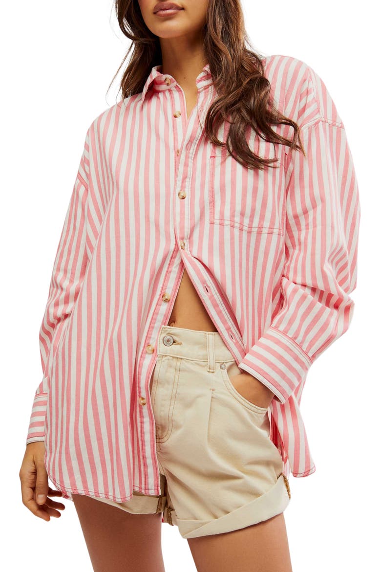 Freddie Stripe Oversize Button-Up Shirt, Main, color, CORAL COMBO