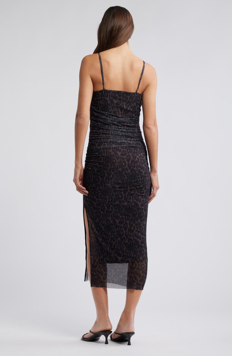 Open Edit Shirred Mesh Midi Dress, Alternate, color, Brown- Black Elegant Leopard