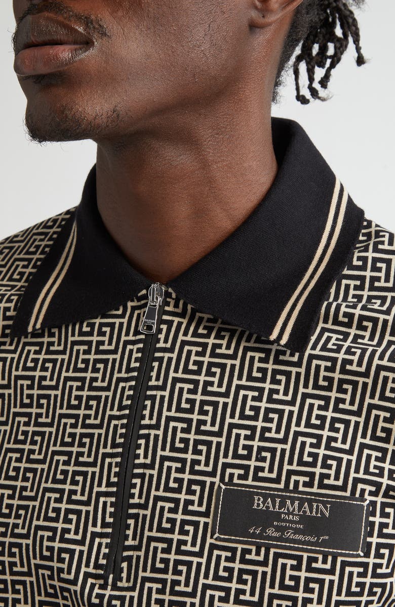 Balmain Monogram Jacquard Zip Polo, Alternate, color, 