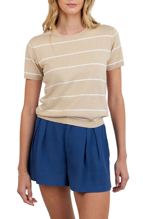 Stripe Crewneck Short Sleeve Cotton 
Cashmere Top