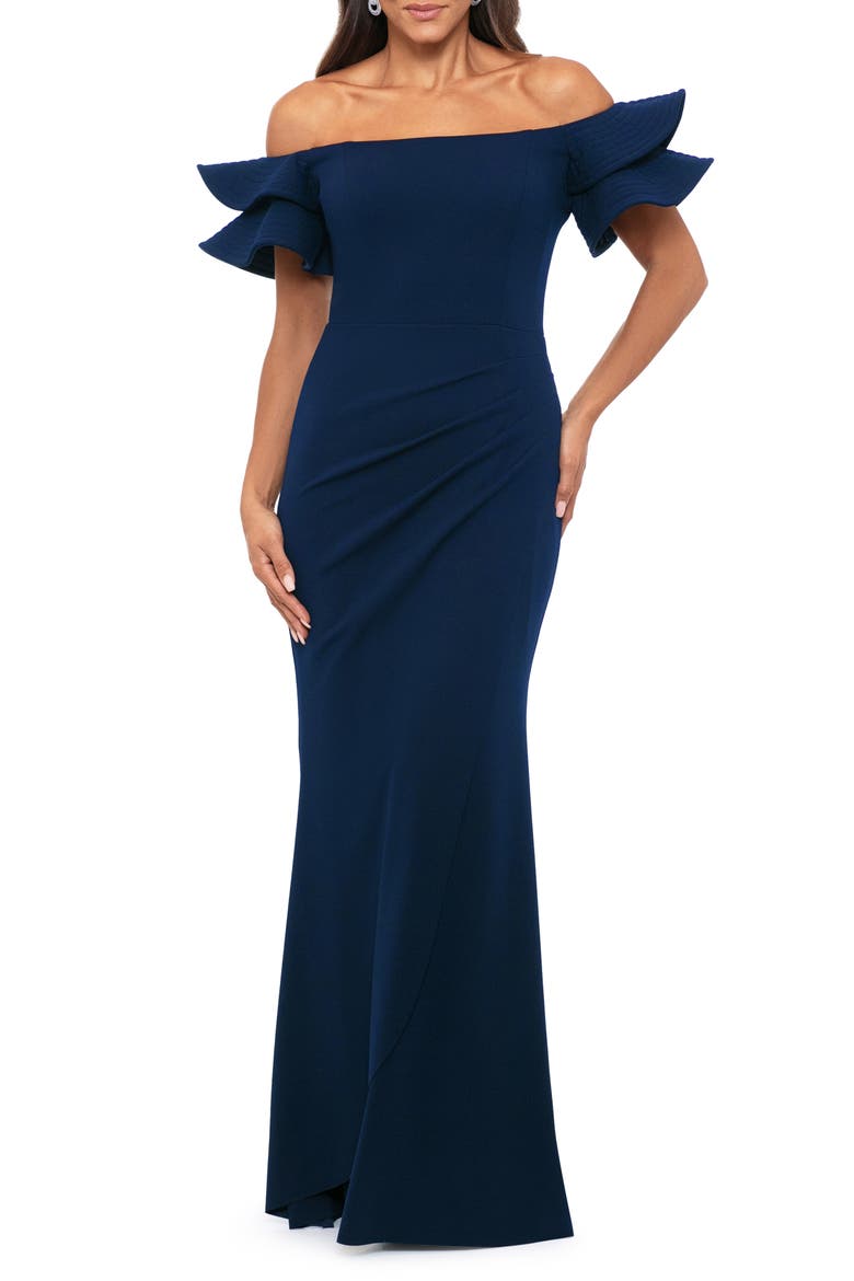 Ruffle Sleeve Off the Shoulder Scuba Crepe Sheath Gown, Main, color, NAVY