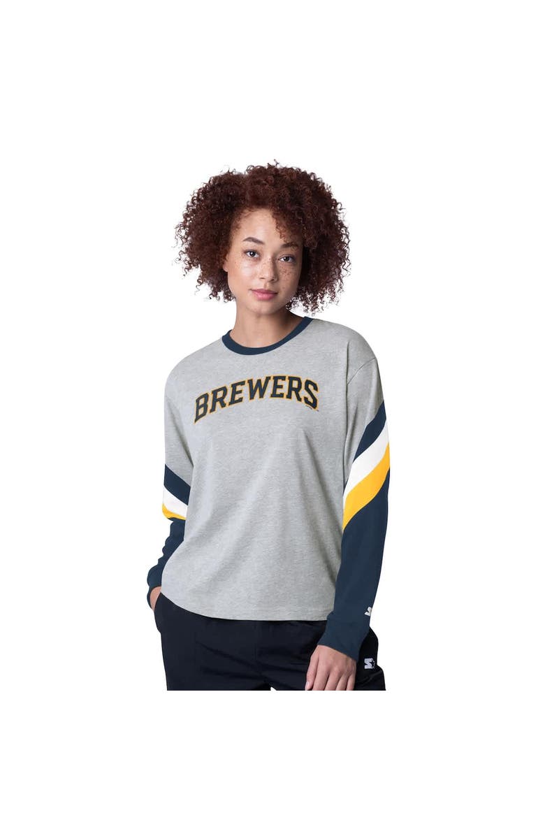 STARTER Women's Starter Heather Gray Milwaukee Brewers Triple A Fashion Color Block Long Sleeve Top, Main, color, 