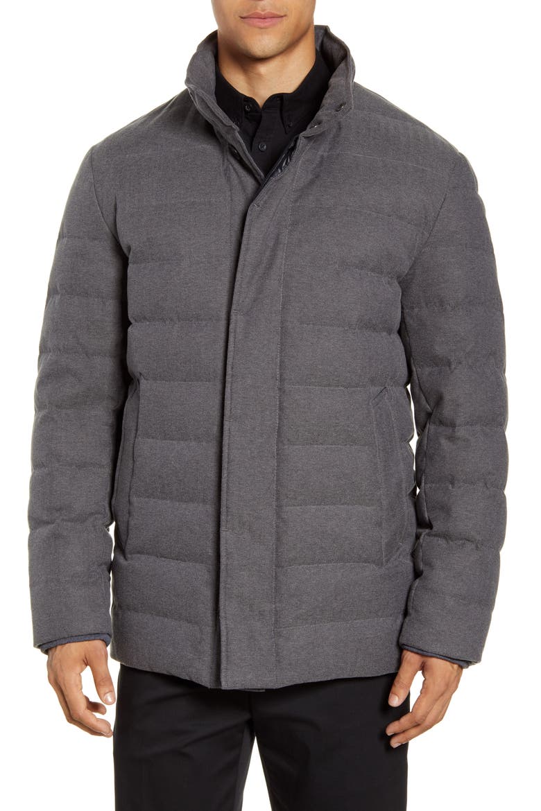 Stand Collar Quilted Down Coat with Inset Bib, Alternate, color, GREY