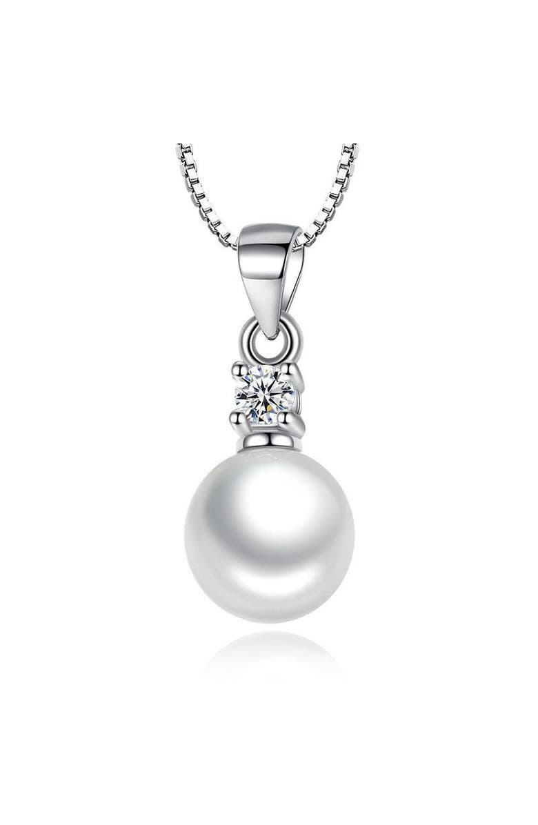 Hollywood Sensation White Gold Pearl Pendant Necklace with Cubic Zirconia Accent Stone Necklace, Main, color, Silver