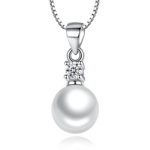 White Gold Pearl Pendant Necklace with Cubic Zirconia Accent Stone Necklace