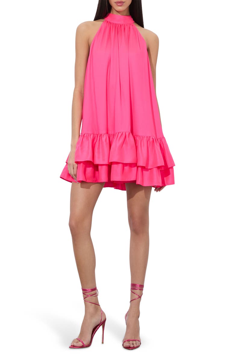 Alice + Olivia Erna Tie Back Ruffle Sleeveless Matte Satin Minidress, Main, color, Wild Pink