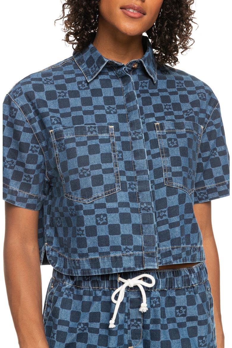 Blue Wave Print Cotton Denim Crop Shirt, Main, color, MOOD INDIGO SOL POWE