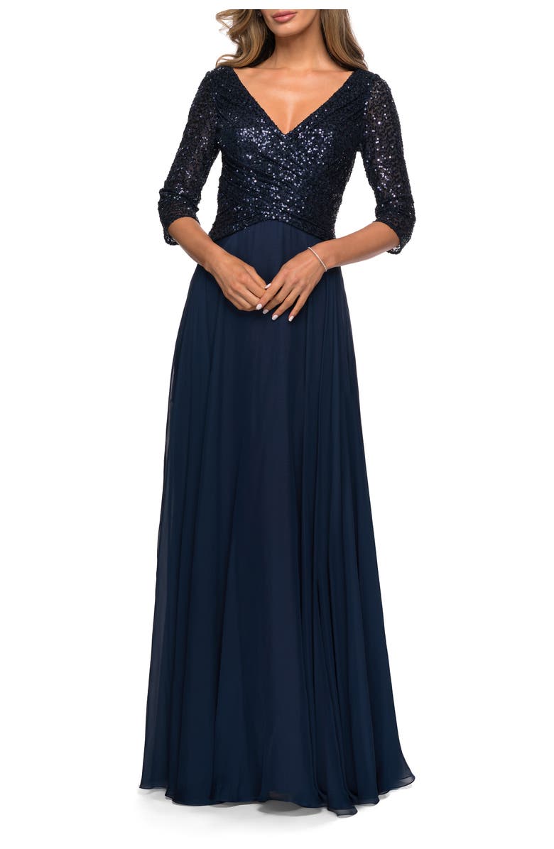 La Femme Long Chiffon Evening Gown with Sequined Bodice, Main, color, Navy