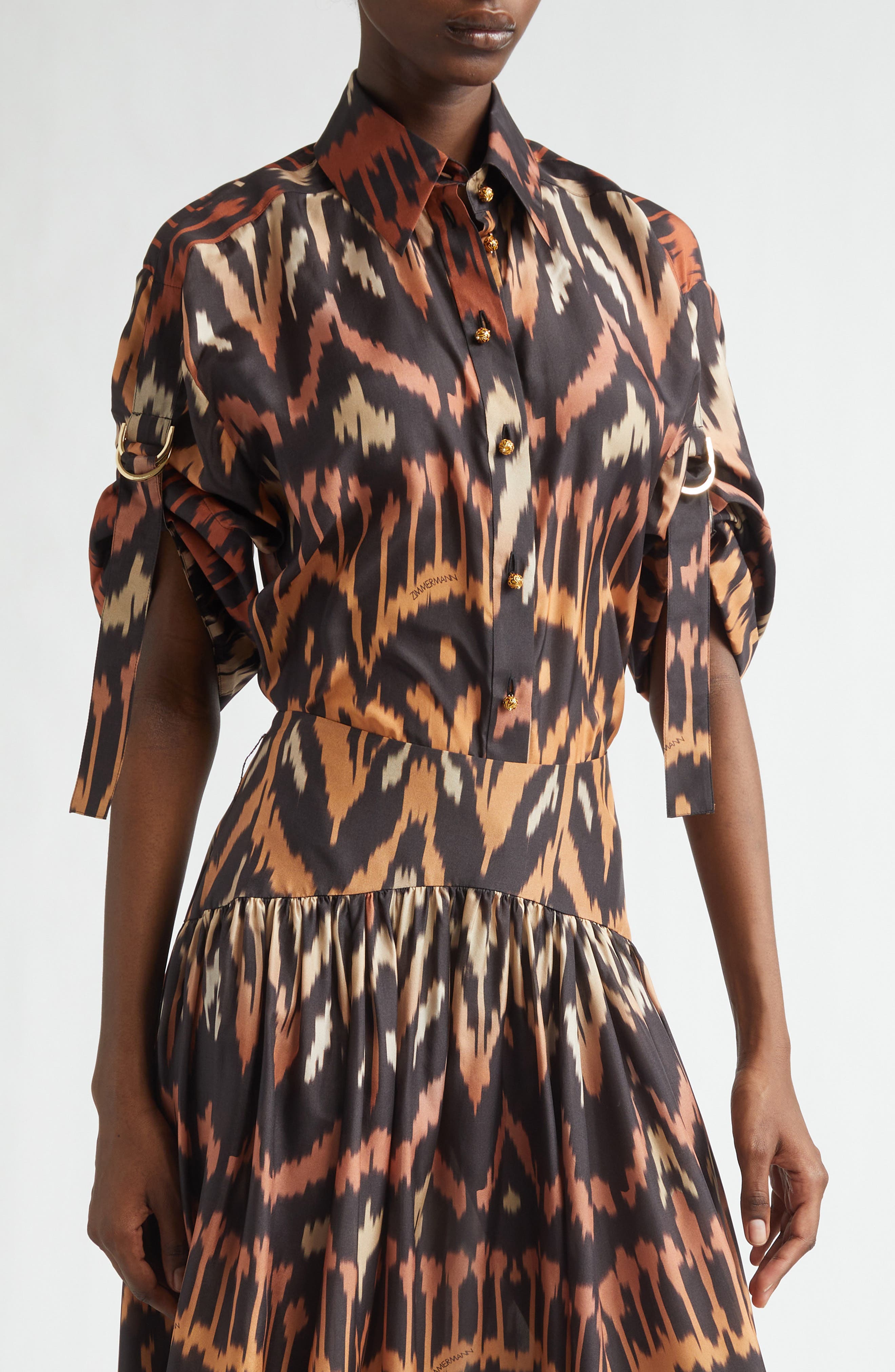 Aster Ikat Print Relaxed Silk Button-Up Shirt