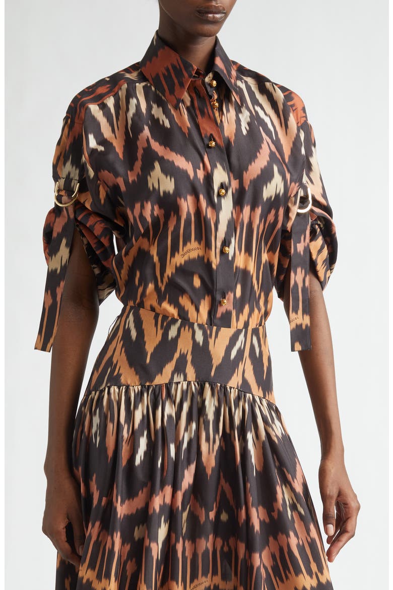 Aster Ikat Print Relaxed Silk Button-Up Shirt, Main, color, CHARCOAL IKAT