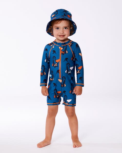 Deux Par Deux Baby Boy's Printed Long Sleeve One-piece Rashguard Orange Sloths On Navy Blue In Orange Sloths On Navy Blue
