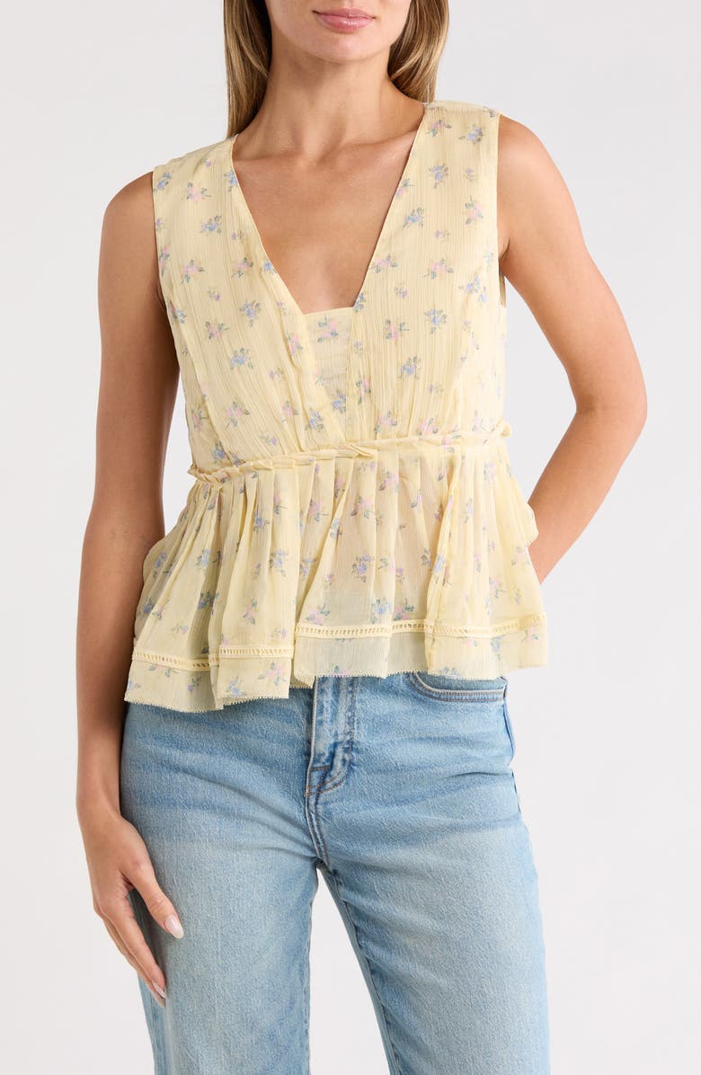 Lucky Brand Ruched V-Neck Ruffle Tank Top, Main, color, Cream Floral