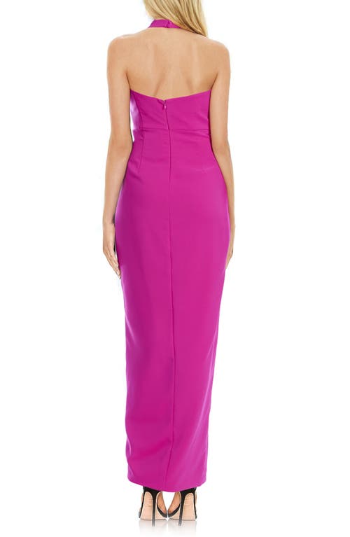 Jewel Badgley Mischka Halter Side Ruched Column Gown In Hot Pink