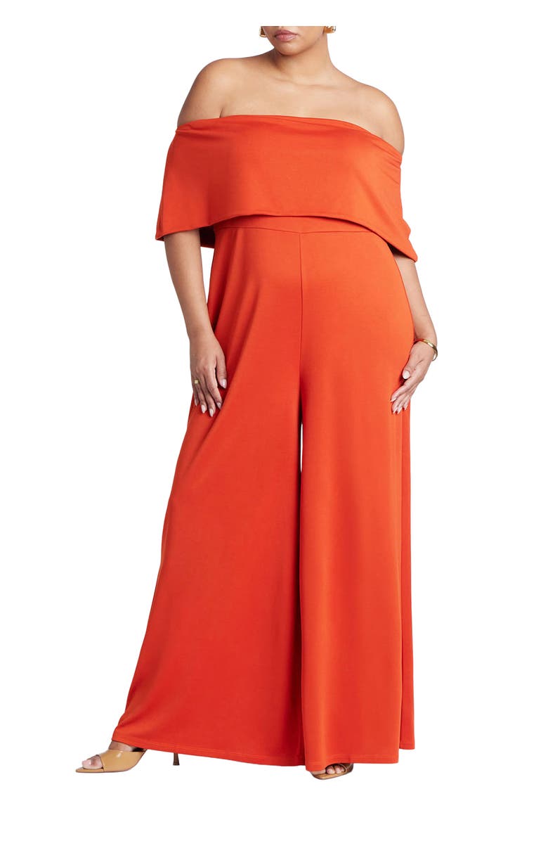 ELOQUII Off Shoulder Jumpsuit, Main, color, Rooibos Tea