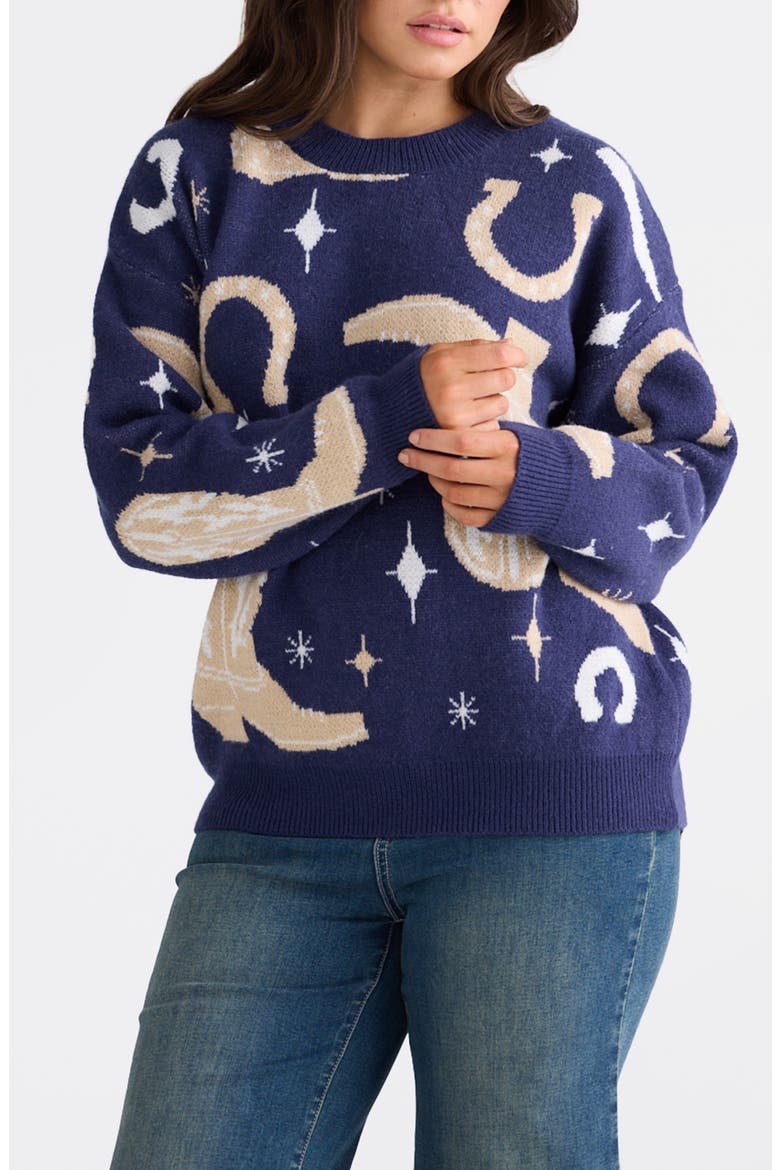 Lucky Boots Crewneck Sweater, Alternate, color, NAVY