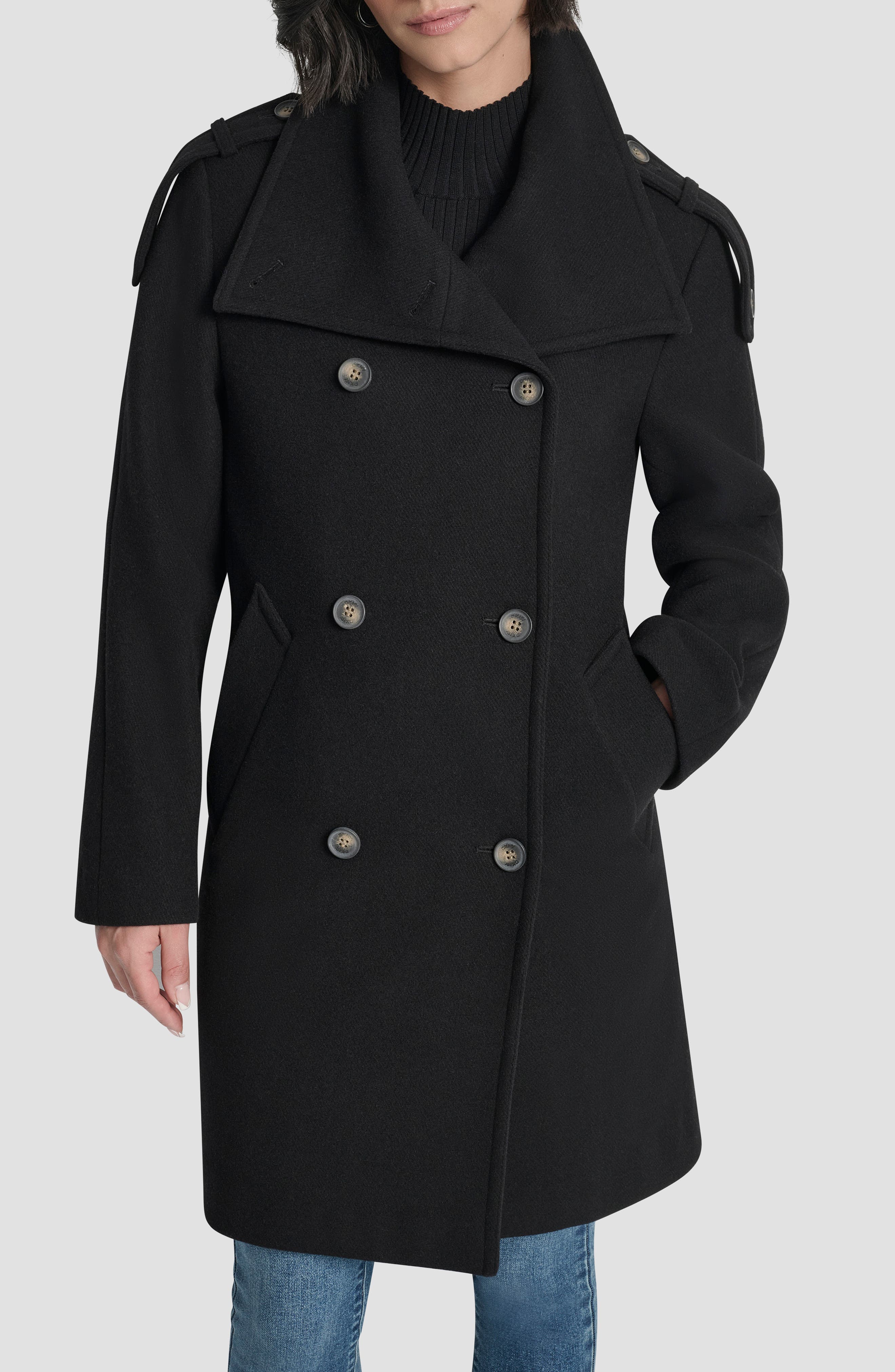 DKNY Double Breasted Wool Blend Military Coat