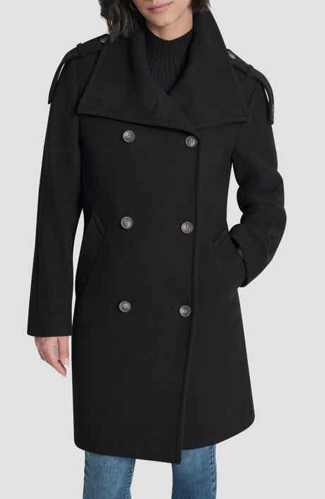 DKNY Double Breasted Wool Blend Military Coat