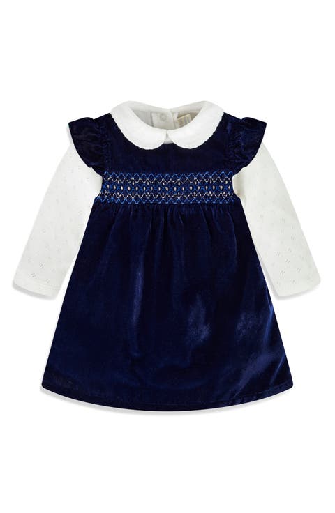 Long Sleeve Pointelle Bodysuit and Embroidered Velvet Dress Set (Baby)