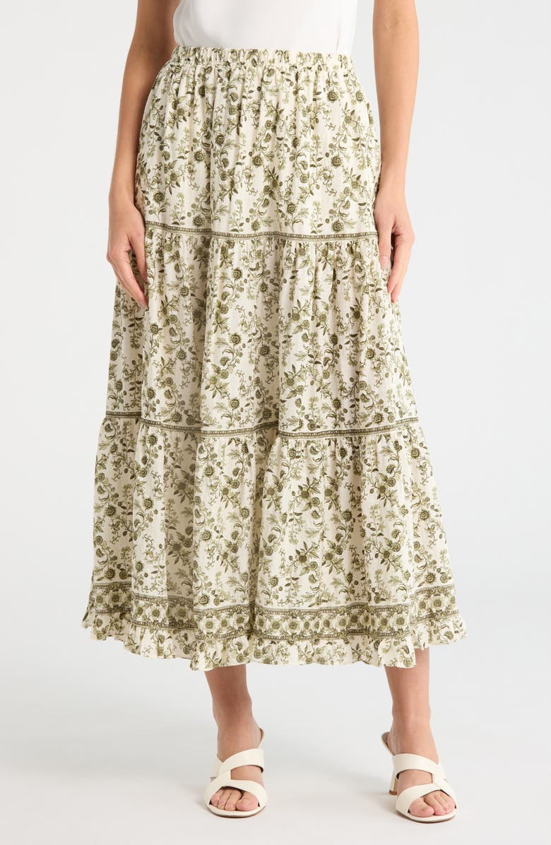 MAX STUDIO Floral Wreath Print Tiered Cotton Blend Maxi Skirt, Main, color, Cream/ Green Floral