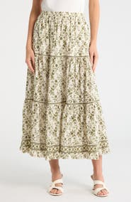 MAX STUDIO Floral Wreath Print Tiered Cotton Blend Maxi Skirt