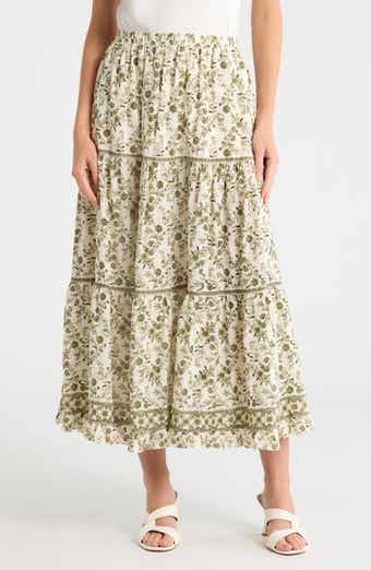 MAX STUDIO Floral Wreath Print Tiered Cotton Blend Maxi Skirt