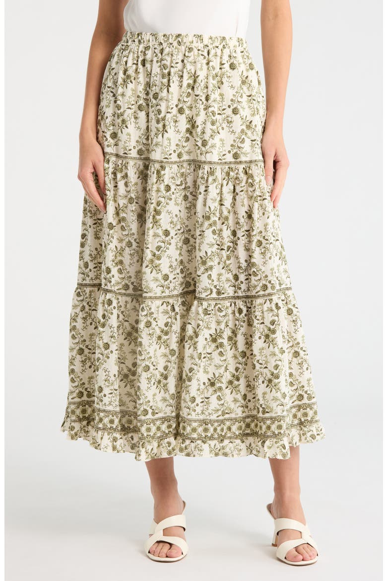 Floral Wreath Print Tiered Cotton Blend Maxi Skirt video
