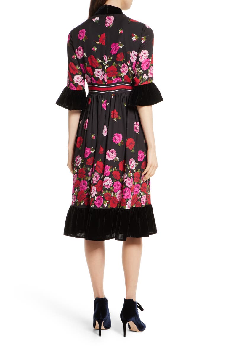 scattered rose velvet trim silk dress, Alternate, color, BLACK MULTI