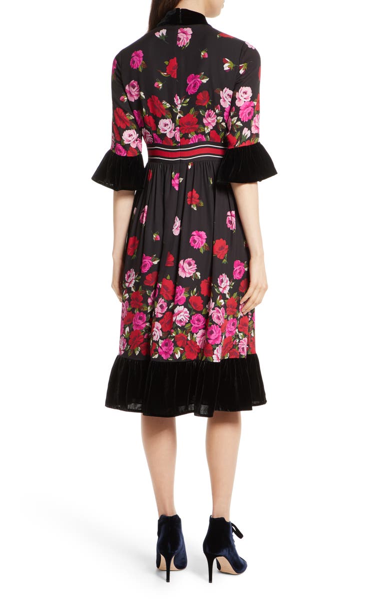 Kate Spade New York scattered rose velvet trim silk dress, Alternate, color,