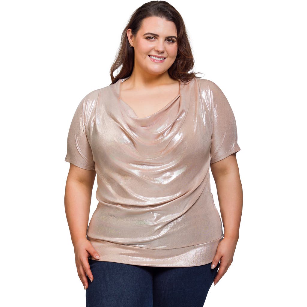 24seven Comfort Apparel Cowl Neck Short Sleeve Top With Banded Bottom In Brown