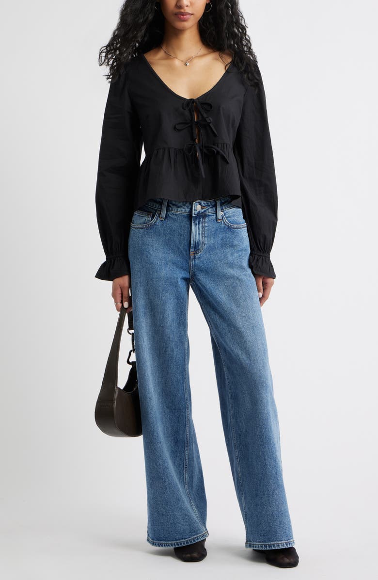 BP. Tie Front Scoop Neck Cotton Poplin Peplum Top, Alternate, color, Black