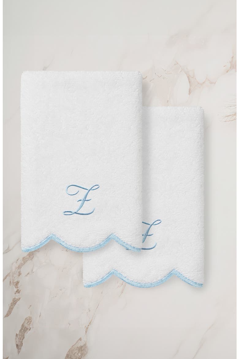 Adornia Scallop Set of 2 Personalized Hand Towels, Alternate, color, WHITE/ BLUE Z