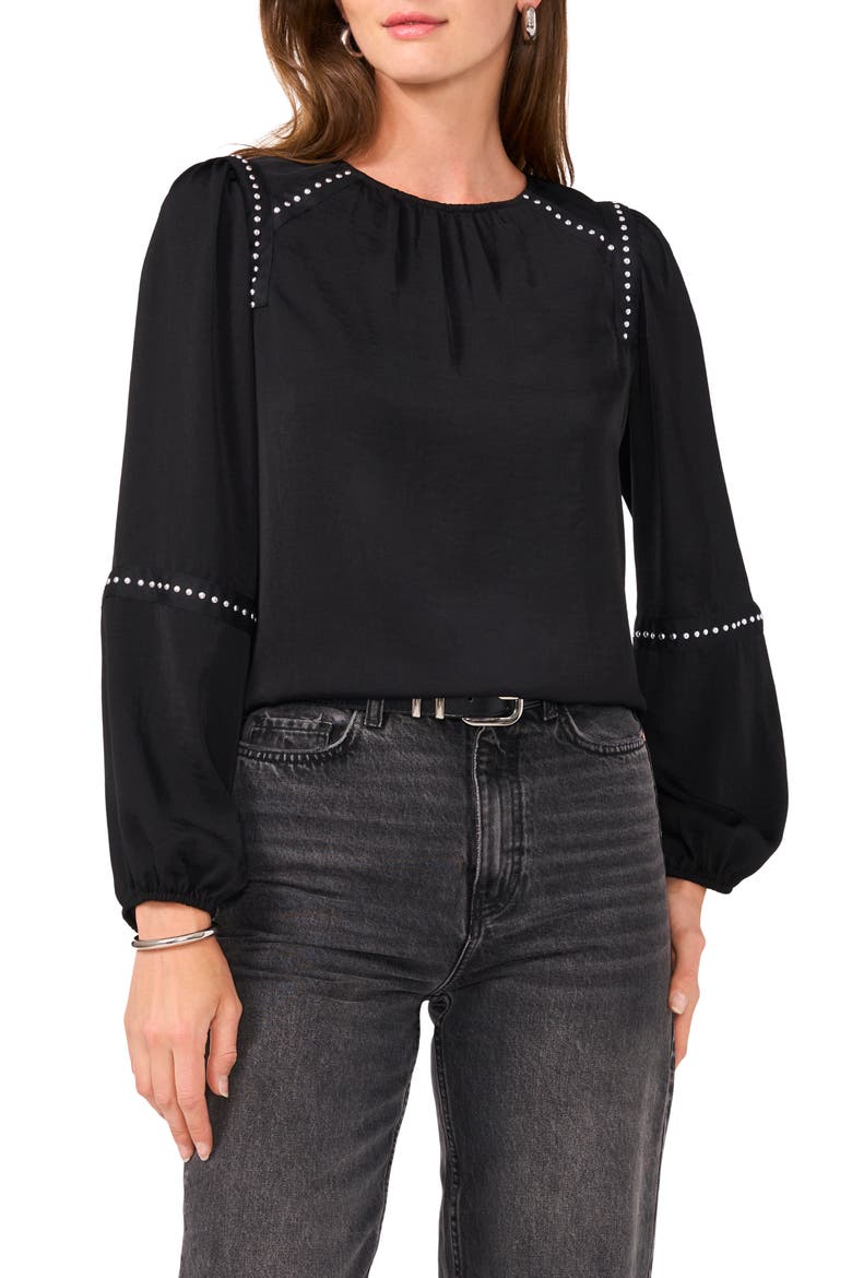 Stud Detail Rumple Satin Top, Main, color, RICH BLACK