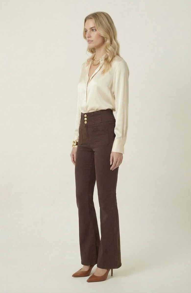 Modenaire High Waist Flare Pants with Button Front, Alternate, color, Chocolate Brown