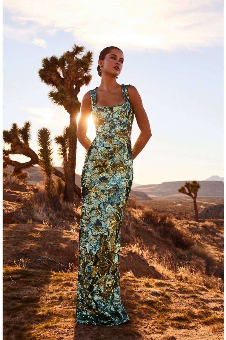 Iris Floral Sequin Gown, Alternate, color, TEAL