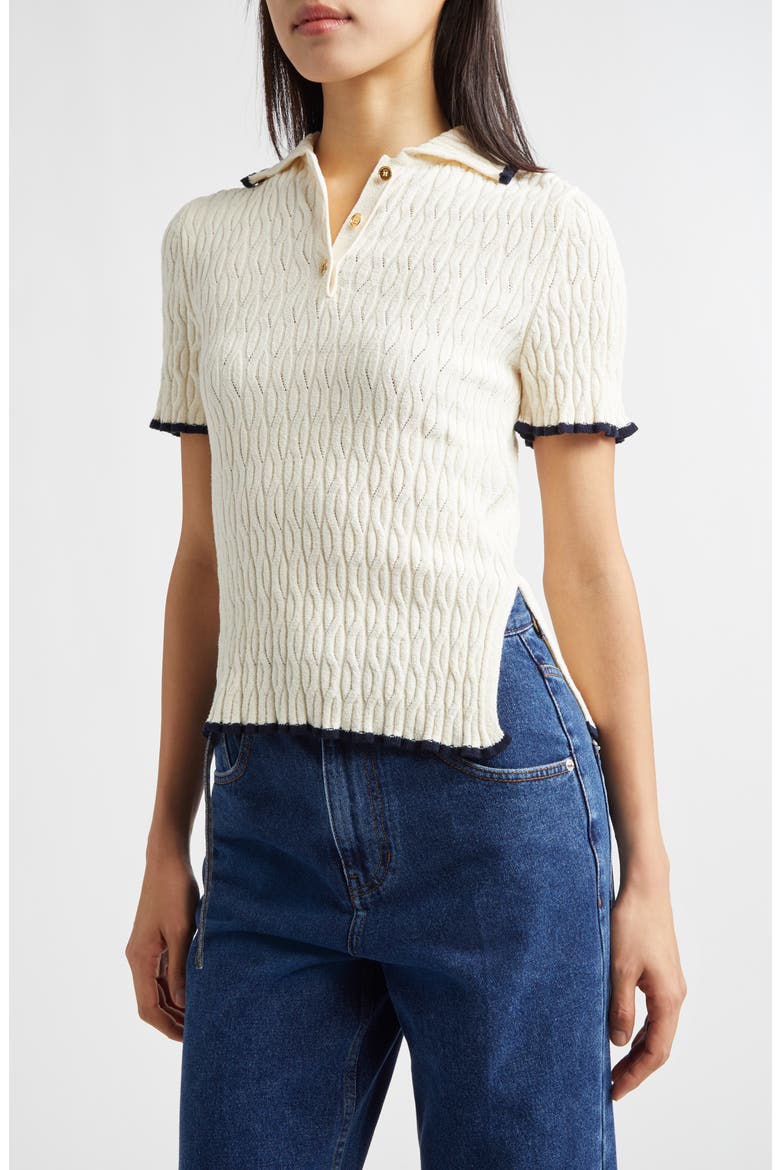 Contrast Trim Pointelle Cable Knit Polo, Main, color, IVORY