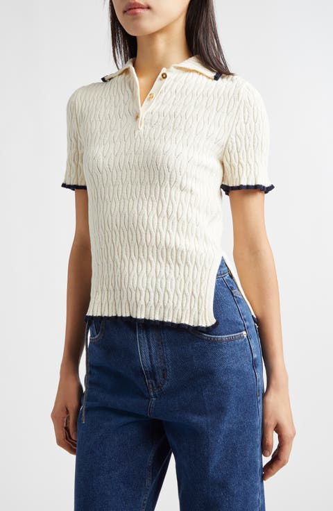 Contrast Trim Pointelle Cable Knit Polo