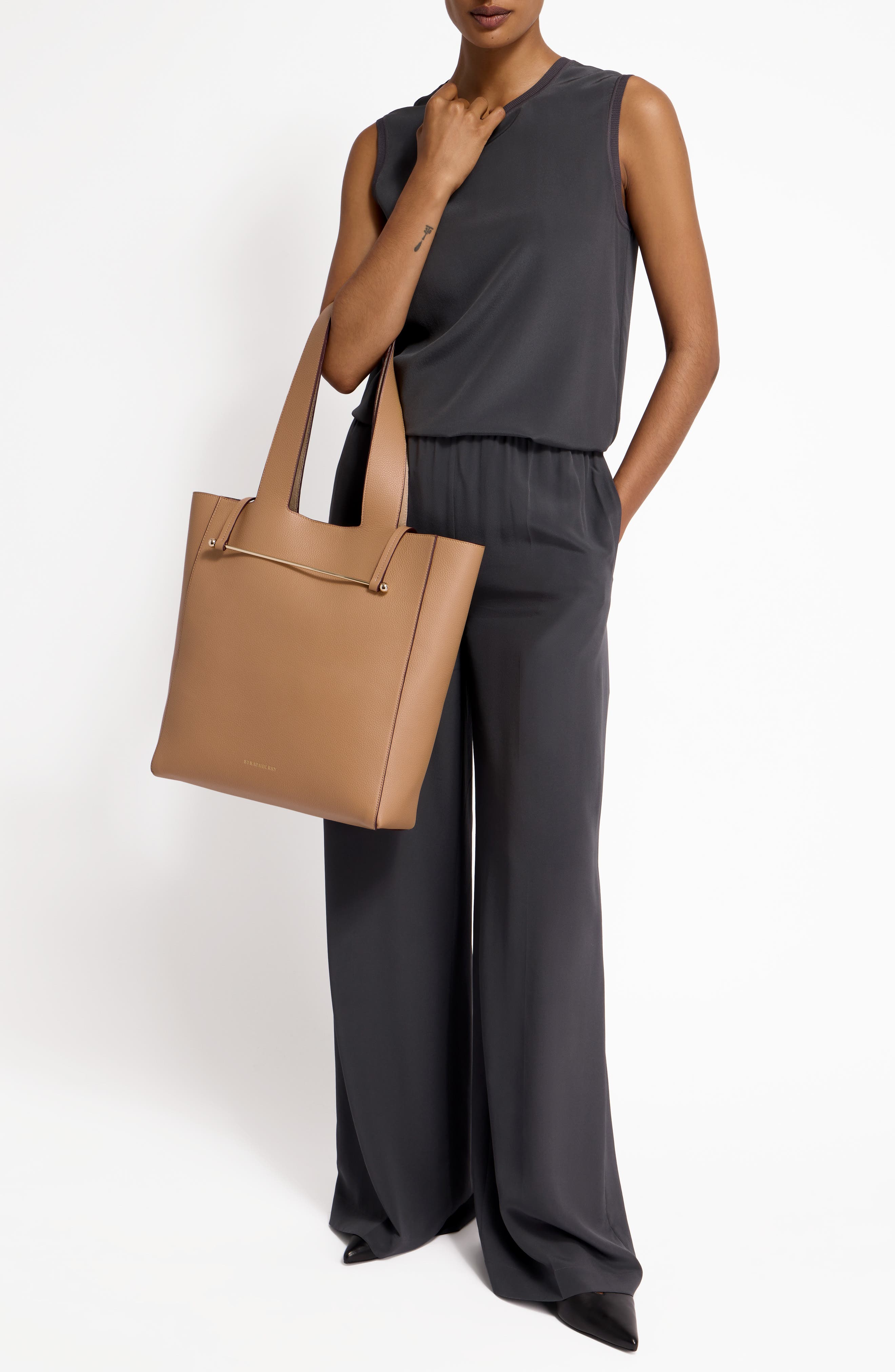 Strathberry Melody Fine Grain Leather Tote, Alternate, color, Caramel