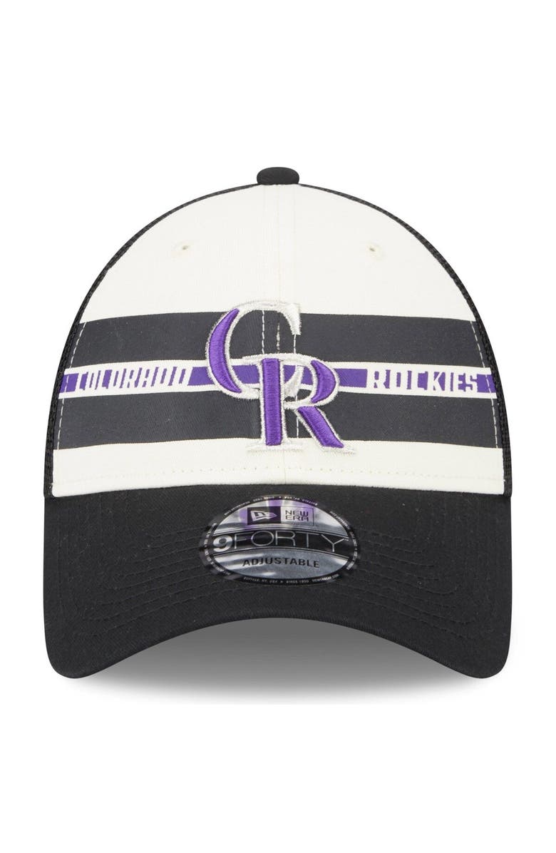 New Era Men's New Era White/Black Colorado Rockies Team Stripe Trucker 9FORTY Snapback Hat, Alternate, color, 