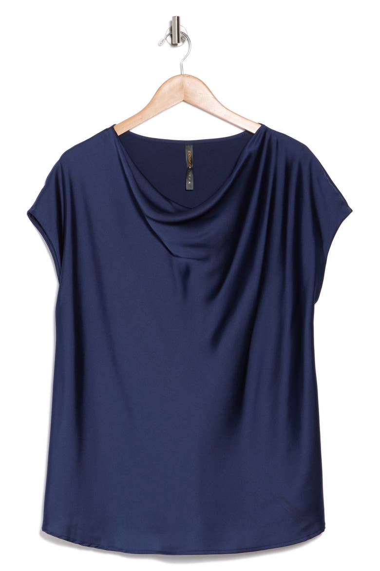 Cowl Neck Short Sleeve Satin Top, Alternate, color, NAVY