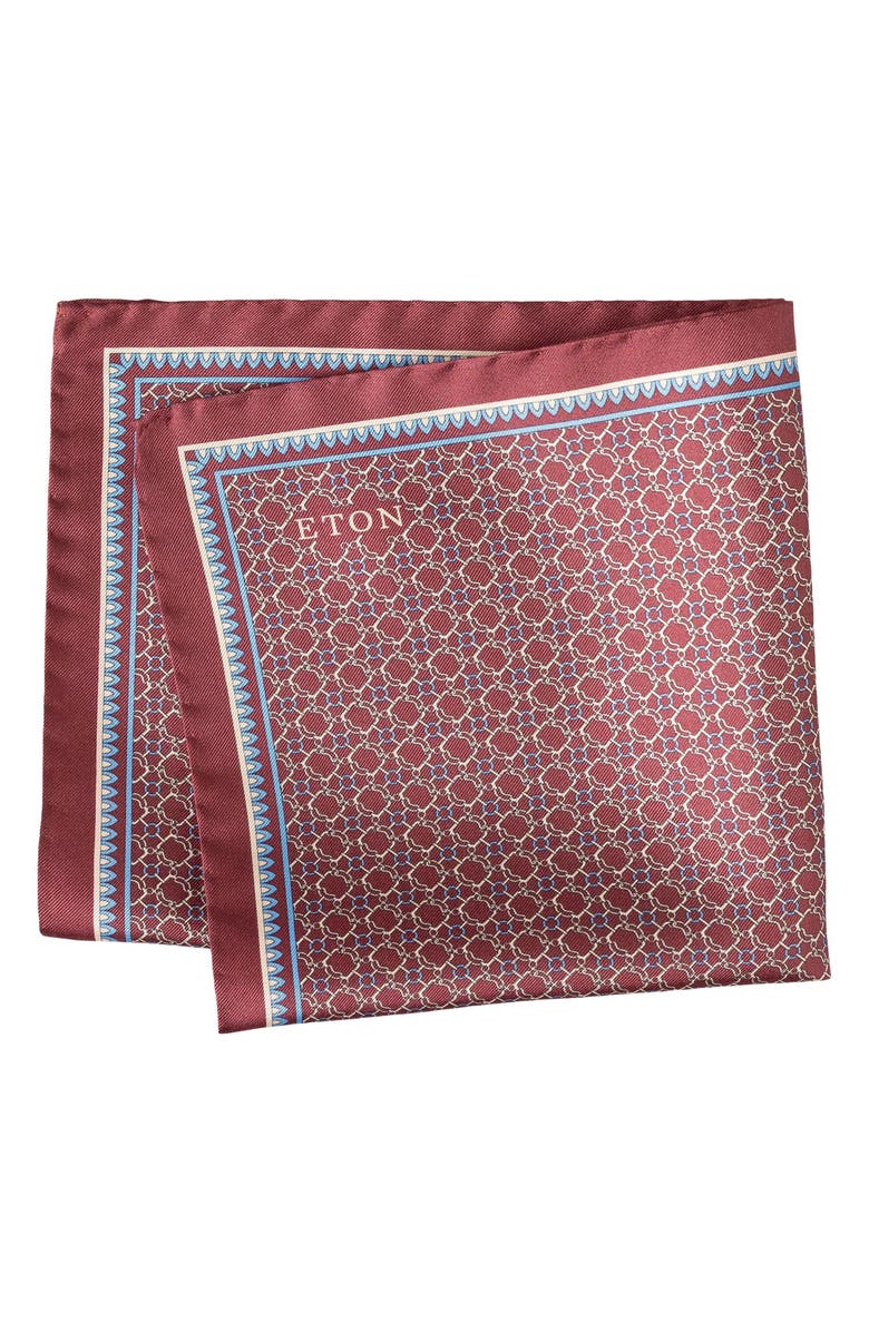 Eton Interlock Print Silk Twill Pocket Square, Main, color, Medium Red