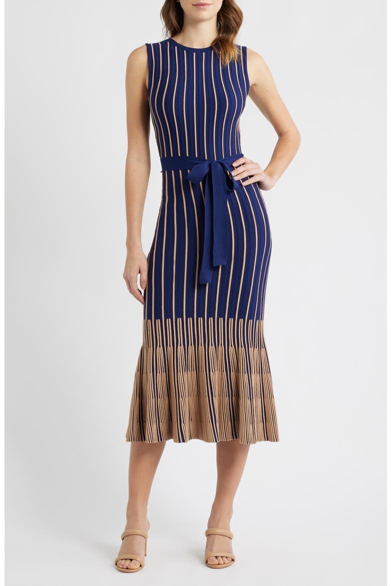Tie Belt Knit Dress, Main, color, NAVY/ TAUPE
