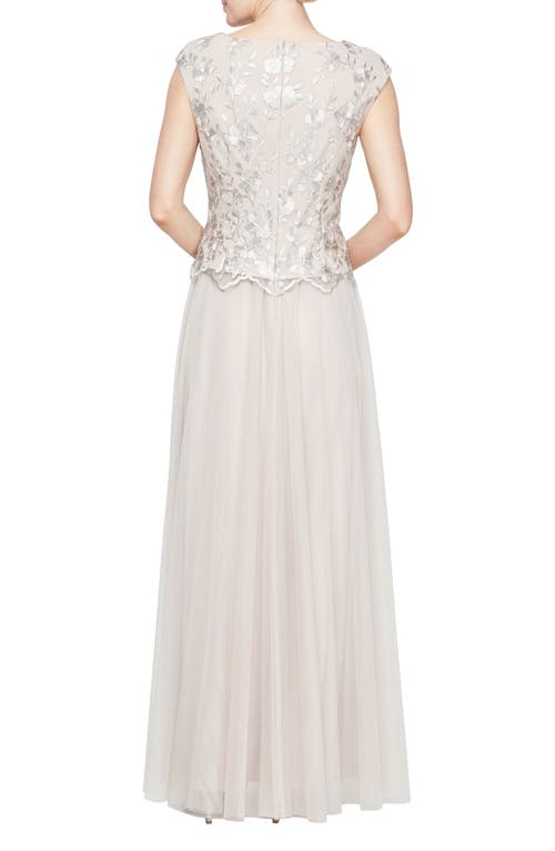 Alex Evenings Petite Long V-neck Embroidered A-line Dress In Taupe