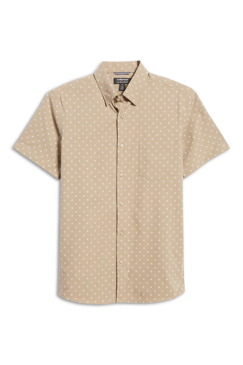 Tech-Smart Diamond Print Short Sleeve Button-Up Shirt, Alternate, color, TAN - WHITE FOULARD